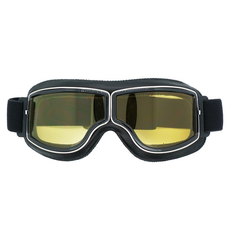 Retro Motorcycle Goggles – Windproof, UV400 Protection, Anti-Impact PC Lenses with Leather Frame(Black leather yellow lens)