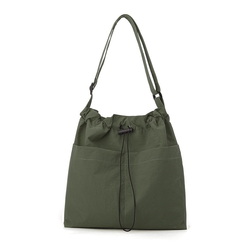 Green Chic Lightweight Nylon Drawstring Tote Bag – Multi-Pocket Casual Shoulder & Crossbody