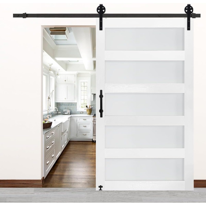 48 in x 84 in Glass Sliding MDF Barn Door with 8FT Sliding Door Hardware Kit, 5 Tempered Frosted Glass, Slab Inside Covered with Water-Proof PVC Surface, Simple DIY Assembly (Showroom Display for Sale)