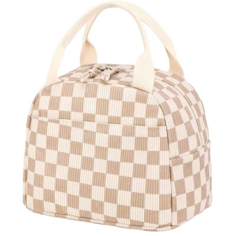 Beige Checkered Pattern Corduroy Lunch Bag – Insulated Thermal Cooler Tote for School Work and Picnics