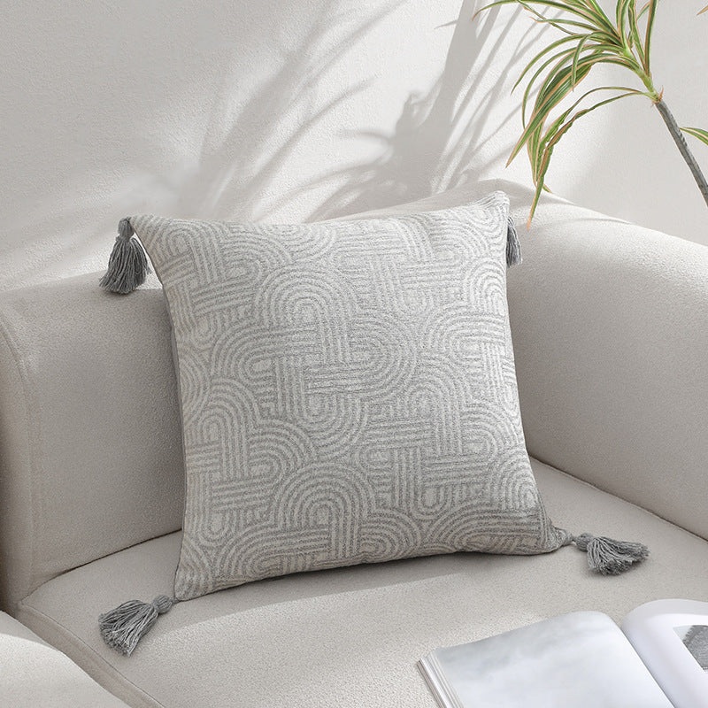 Grey Chic Geometric Jacquard Cushion Covers with Tassels – Set of 2, Plush Blend for Sofa & Bed Decor (45x45cm, Insert Not Included)