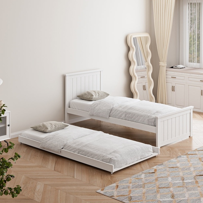 Oikiture Trundle Bed Frame Single Size Wooden Daybed White