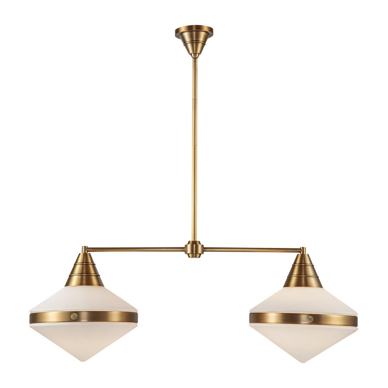 Two Light Linear Pendant from the Willard Collection in Vintage Brass/Matte Opal Glass Finish by Alora