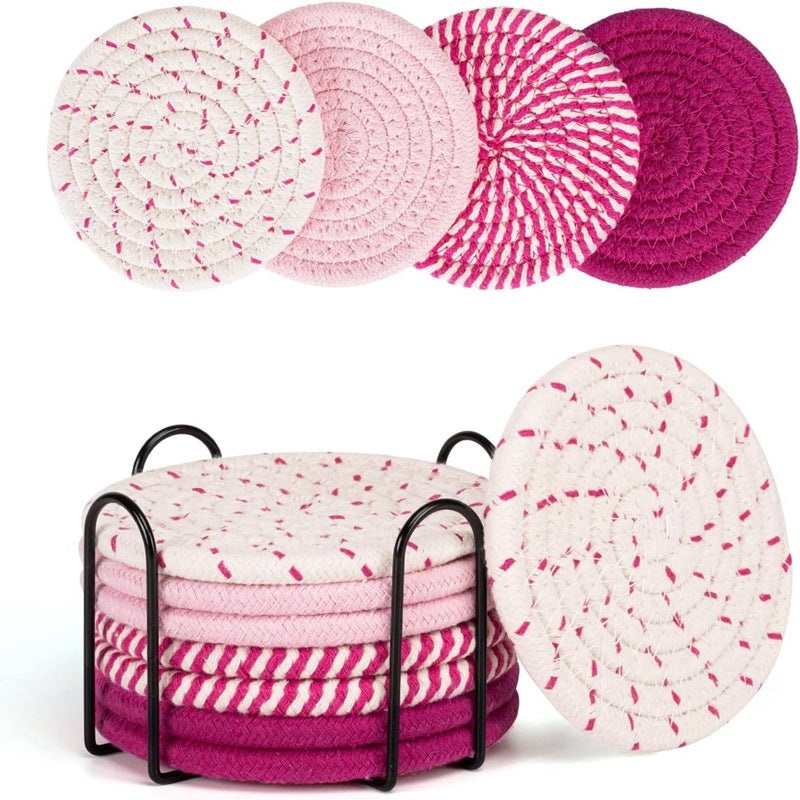Beige and Pink Absorbent Woven Cotton Coasters – Set of 8 with Metal Holder – Heat Resistant Drink Mats for Table Protection