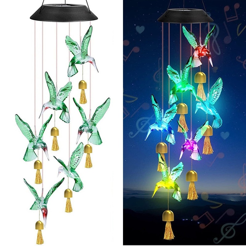 Green Solar Powered Hummingbird Wind Chime(With bell) – Color-Changing LED Hanging Garden Light Outdoor Decor