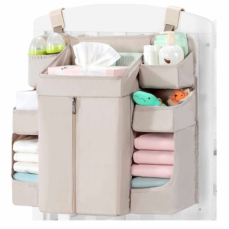 Beige Foldable Baby Crib Storage Hanging Bag – Large Capacity Organizer for Cribs and Changing Tables