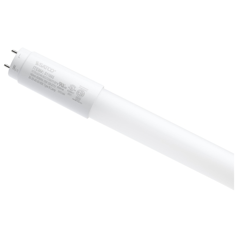 15 Watt T8 LED – 48 Inch – 30K/35K/40K/50K/65K CCT Selectable – Medium Bi Pin Base – Type B Ballast Bypass – 120-277 Volt – Frost Finish Light Bulb by Satco