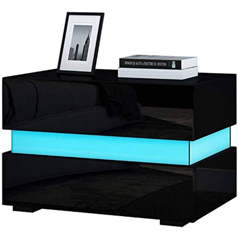Ejoyous Comodino LED, comodino com lucido Comodino con 2 cassetti e telecomando per camera da letto, soggiorno 45 x 60 x 39 cm(nero)