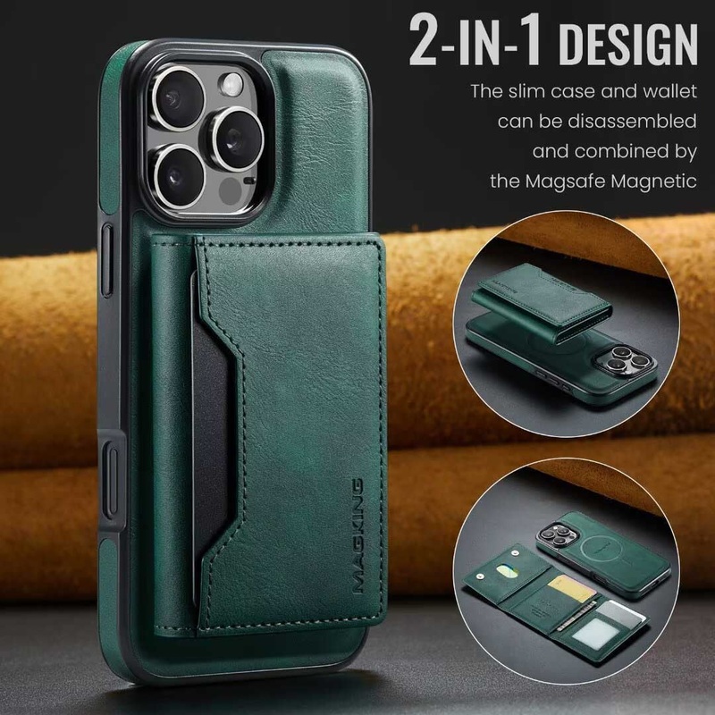 Green Premium MagSafe Wallet Case for iPhone 16 Pro Max – Detachable PU Leather Magnetic Card Holder