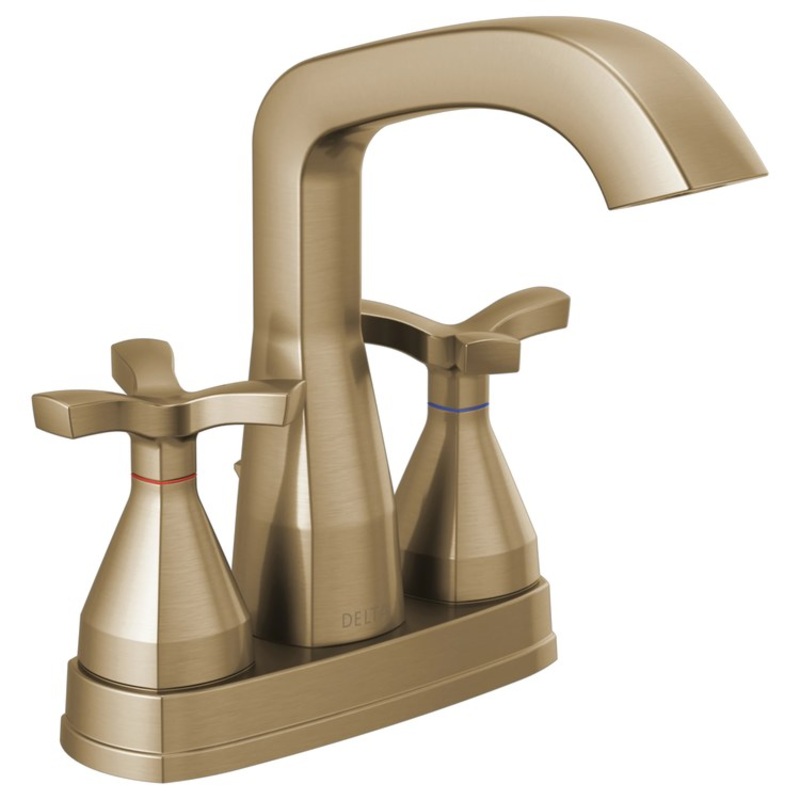Lavatory Faucet Stryke Centerset 4 Inch Spread 2 Helo ADA WaterSense Lumicoat Champagne Bronze 1.2 Gallons per Minute Metal Pop-Up 3 Hole Diamond Seal Technology