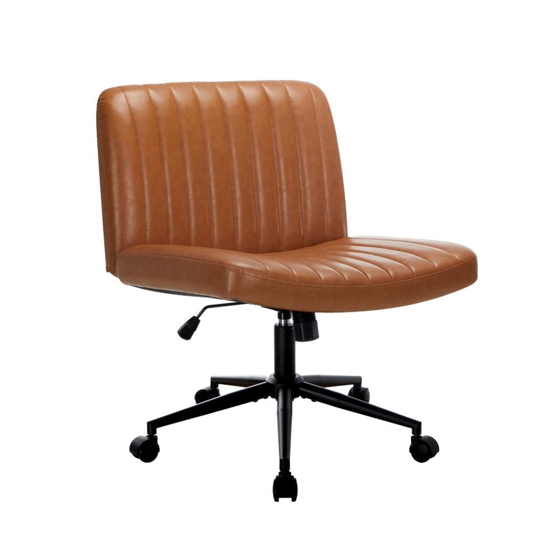 Mid Back Office Chair Wide Seat with Wheels Leather Brown