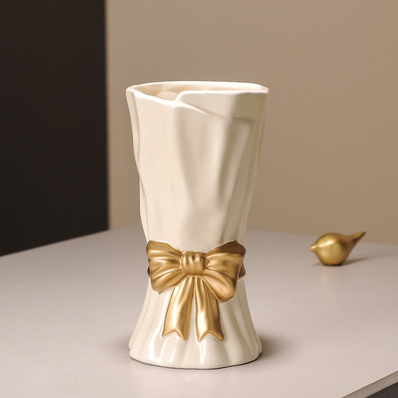 Beige Elegant Ceramic Vase with Golden Bow Accent – Textured Relief Flower Holder for Living Room & Dining Table Decor