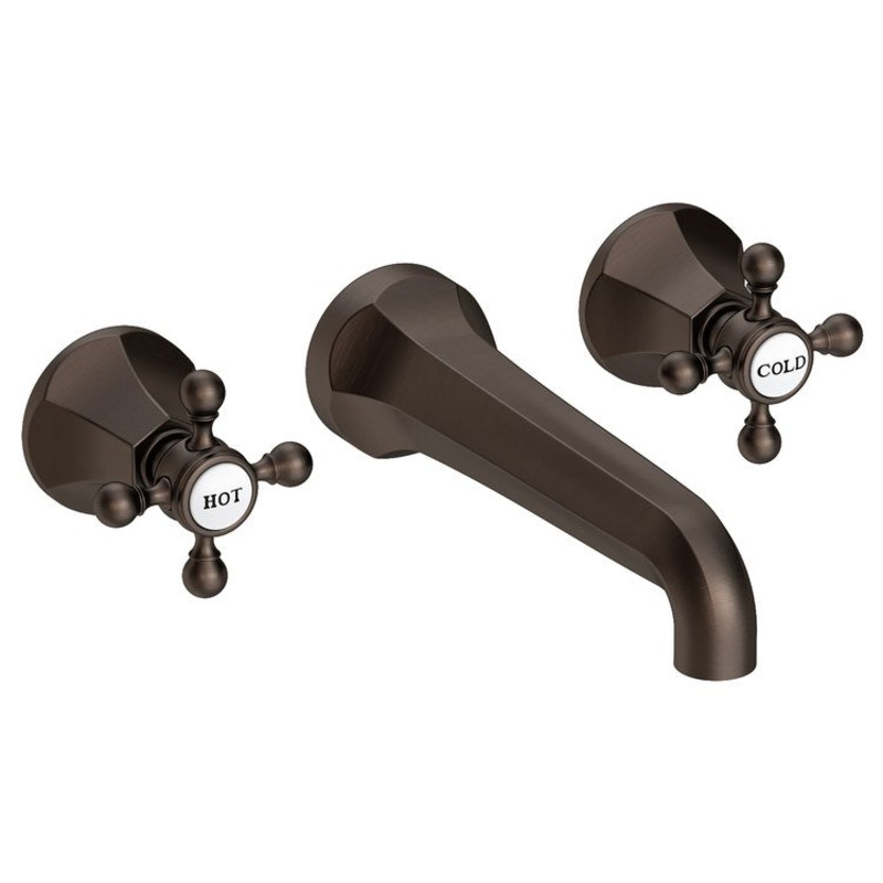 Lavatory Faucet Metropole Wall Mount 8 Inch Spread 2 Cross ADA WaterSense English Bronze 1.2 Gallons Per Minute Brass Less Drain Spout Reach 7-1/2 Inch