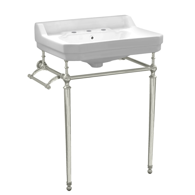 Victoriahaus console with integrated rectangular bowl with widespread hole drill, Polished Nickel leg support, interchangable towel bar, backsplash and overflow
