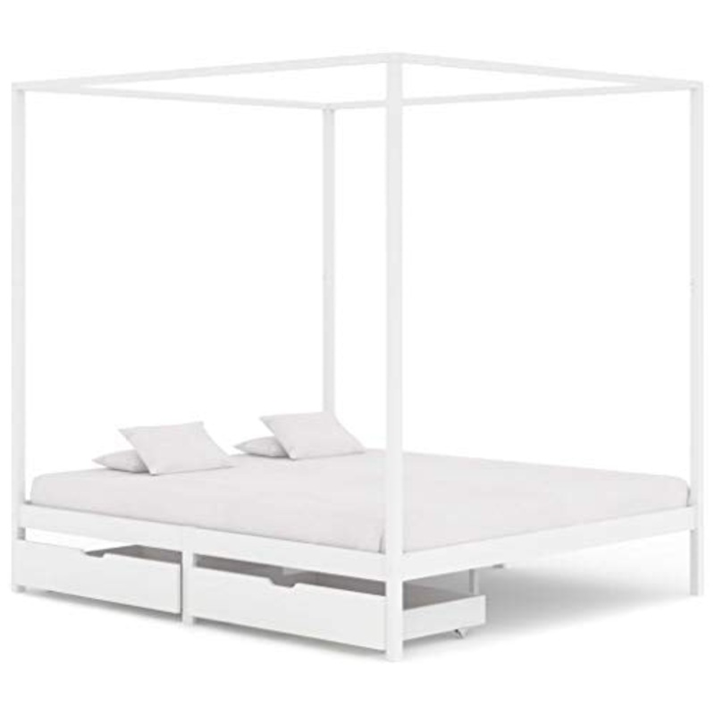 BIGTO – Struttura letto a baldacchino con 2 cassetti in legno di pino massello, mobili per camera da letto, 160 x 200 cm, colore: Bianco