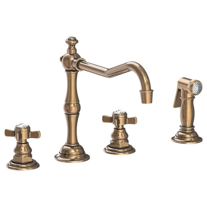 Kitchen Faucet Fairfield 8 to 20 Inch Spread 2 Cross ADA Antique Brass Pull Out Sidespray Spout Height 5-5/9 Inch Spout Reach 9-1/2 Inch 1.8 Gallons per Minute