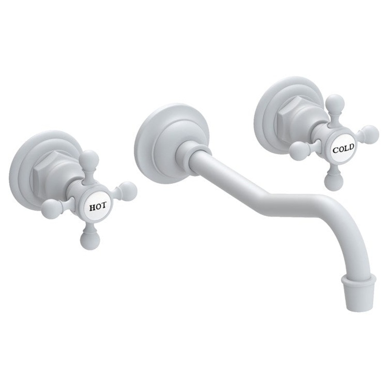 Lavatory Faucet Chesterfield Wall Mount 8 Inch Spread 2 Cross ADA WaterSense Matte White 1.2 Gallons Per Minute Brass Less Drain Spout Reach 9-3/4 Inch