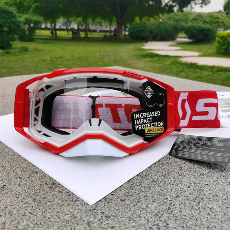 Performance Motocross & Off-Road Goggles – Increased Impact Protection with Lens Lock System(White and red frame transparent piece)