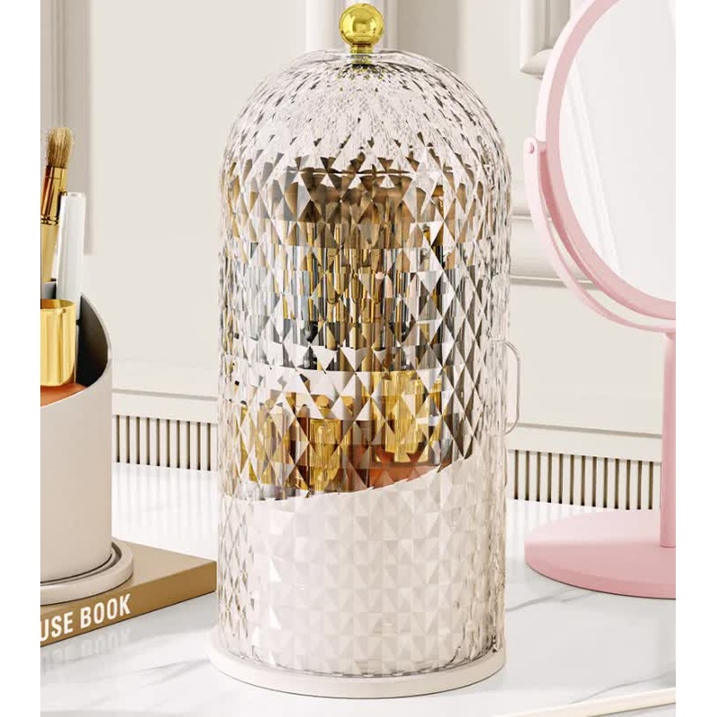 White Elegant 360 Rotating Makeup Brush Holder & Cosmetic Organizer with Dustproof Dome Lid(Makeup is a prop for shooting and is not included)