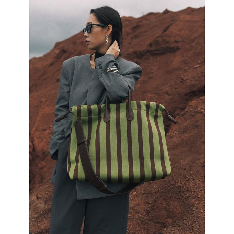Large Capacity Canvas Tote Bag – Green Stripes, Drawstring Top, Leather Handles