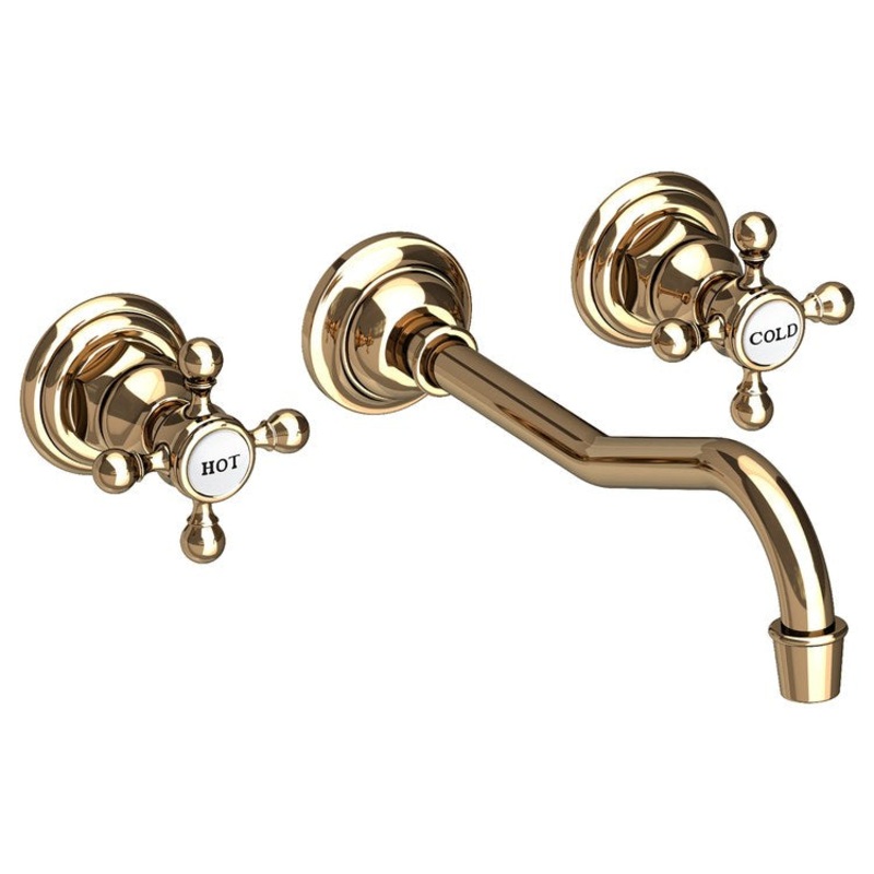 Lavatory Faucet Chesterfield Wall Mount 8 Inch Spread 2 Cross ADA WaterSense French Gold PVD 1.2 Gallons Per Minute Brass Less Drain Spout Reach 9-3/4 Inch