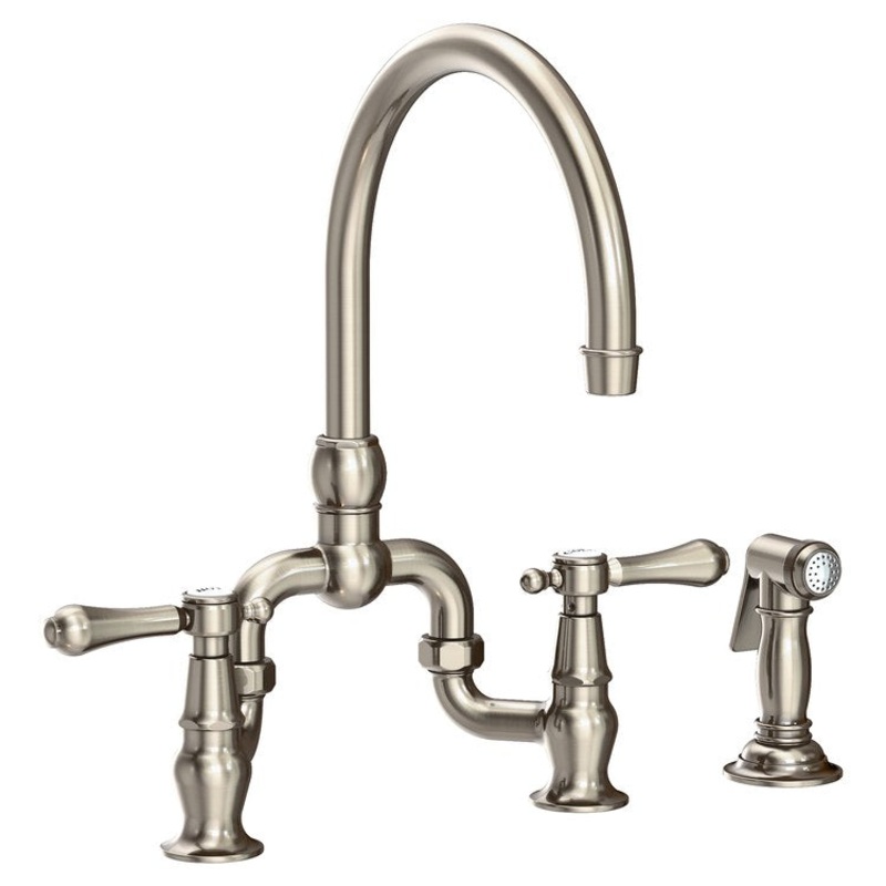 Kitchen Faucet Chesterfield Bridge 8 Inch Spread 2 Lever ADA Antique Nickel Pull Out Sidespray Spout Height 9 Inch Spout Reach 7-1/8 to 9 Inch 1.8 Gallons per Minute