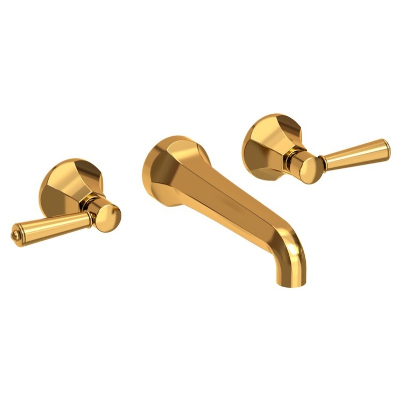 Lavatory Faucet Metropole Wall Mount 8 Inch Spread 2 Lever ADA WaterSense Aged Brass 1.2 Gallons Per Minute Brass Less Drain Spout Reach 7-1/2 Inch