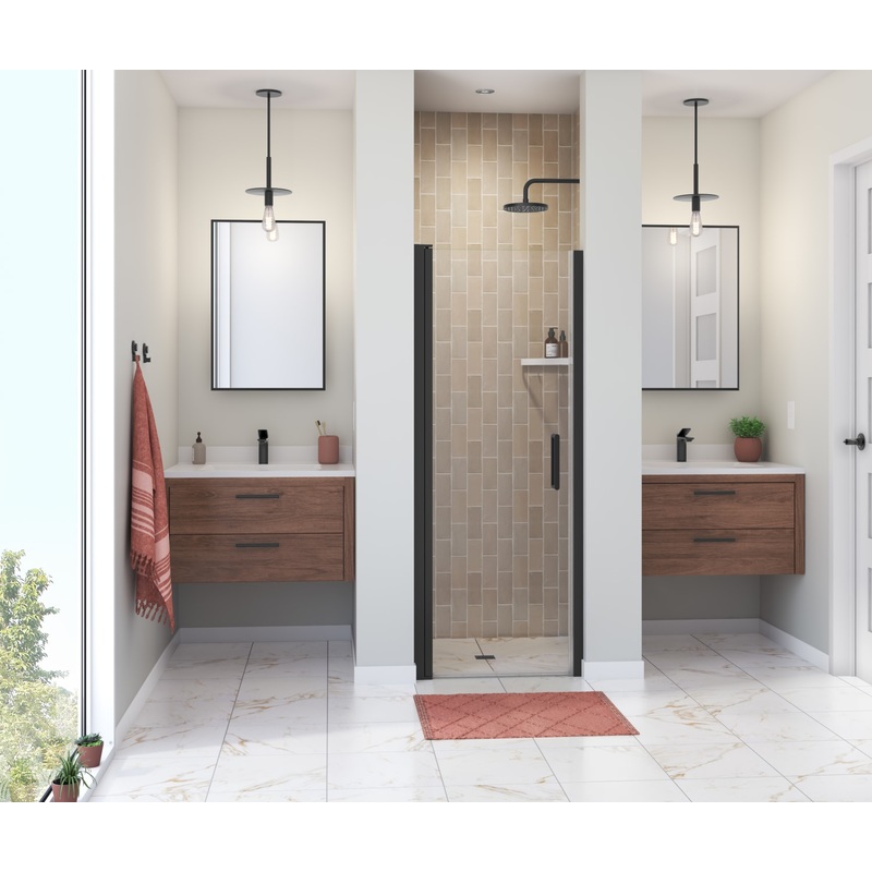 MAAX 138261-900-340-100 Manhattan 25-27 x 68 in. 6 mm Pivot Shower Door for Alcove Installation with Clear glass & Round Handle in Matte Black
