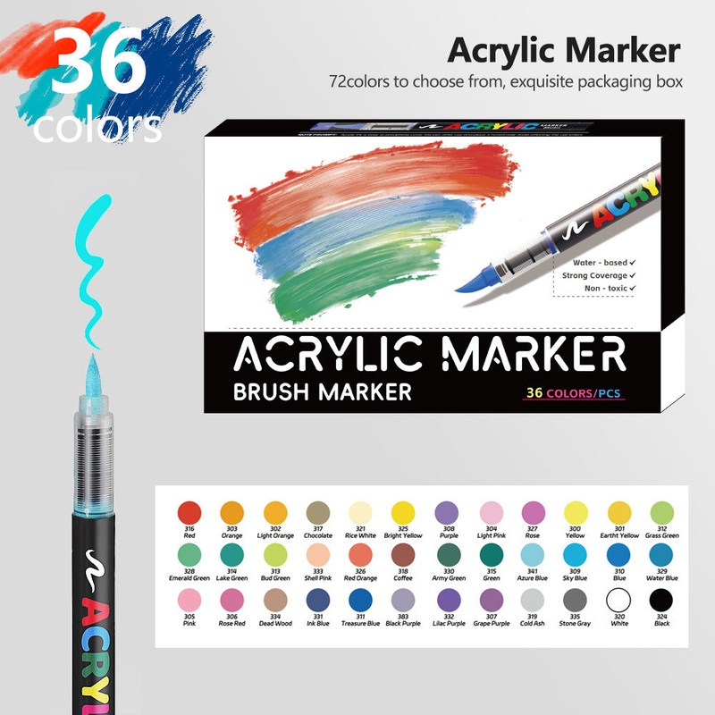 36 Colour Set Vibrant Cyan Acrylic Marker with Soft Brush Tip – 13.8 cm Professional Art Pen