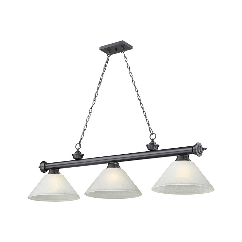 Cordon 3-Light Billiard Bronze Plate Cone White Linen Glass