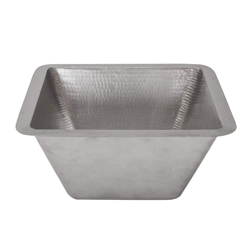 Premier Copper Products BS15EN2 15-Inch Square Hammered Copper Bar/Prep Sink in Nickel w/ 2-Inch Drain Opening