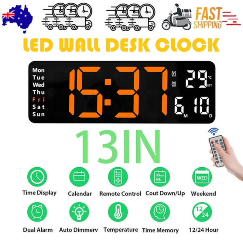 13″ Orange Large Digital Big Jumbo LED Wall Desk Clock Display With Temperature Calendar