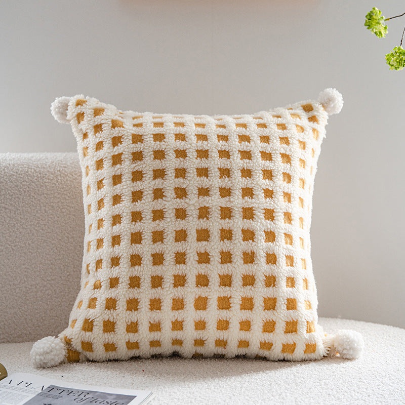 Beige and Yellow 3D Checkered Cushion Cover with Pom Poms – Soft Decorative Pillow Case for Sofa & Living Room (45x45cm, Cover Only)