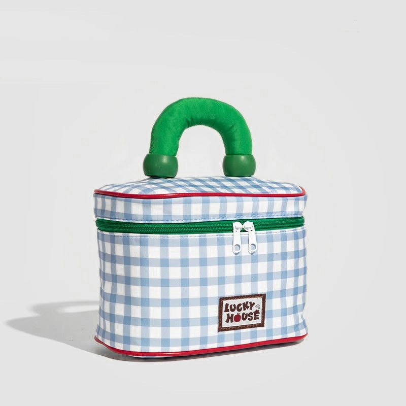 Blue And Green Chic Gingham Plaid Cosmetic Bag – Large Capacity Portable Travel Toiletry Organizer, Water-Resistant