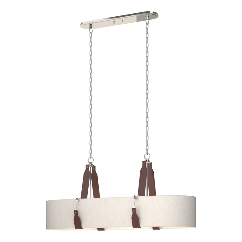 Saratoga Oval Pendant Polished Nickel British Brown Leather Flax Shade (SE)