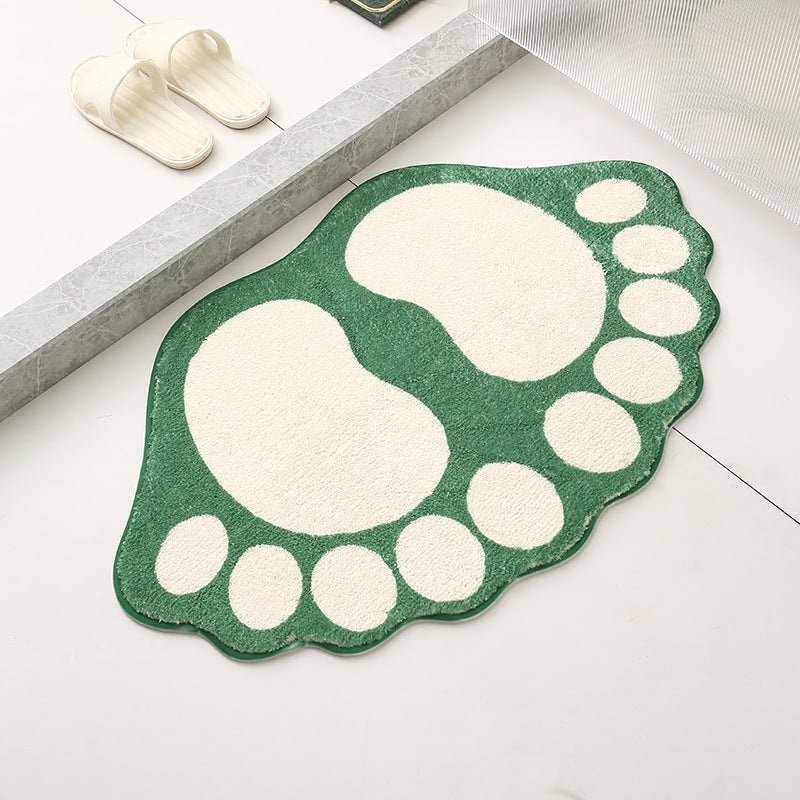 2 Pcs Green And White Foot-Shaped Plush Bath Mat – Non-Slip Absorbent Bathroom Rug for Bedroom and Doorway (50x80cm)