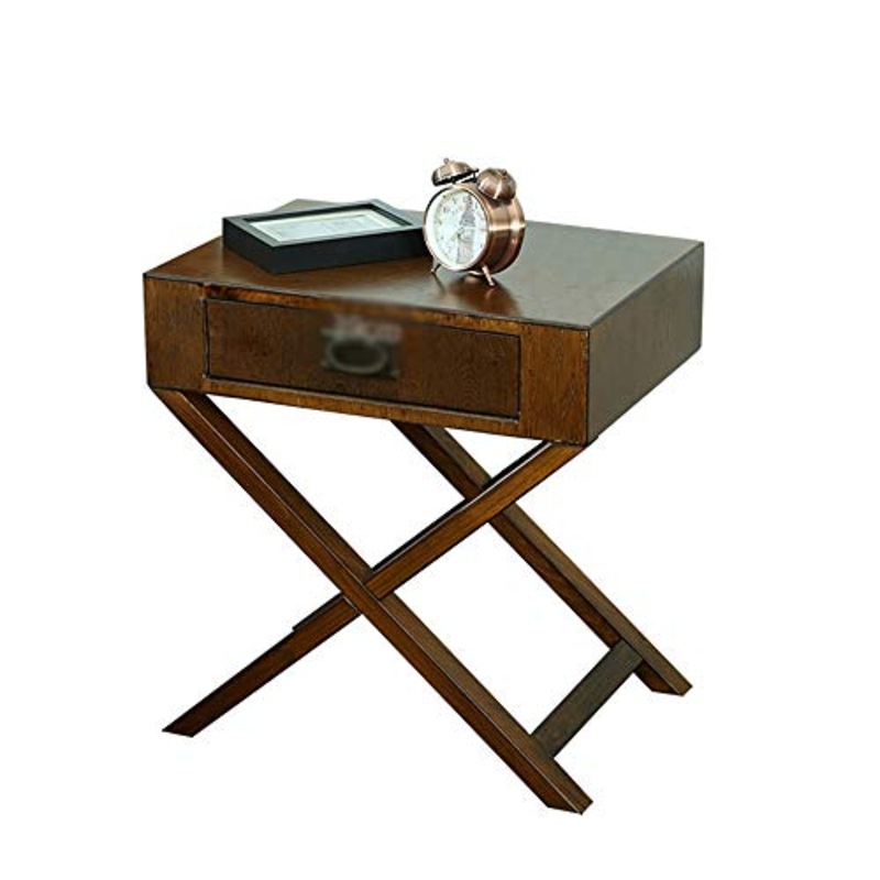 Comodino HAIZHEN Tavolino retr in Legno massello, 1 cassetto e Gamba a X, Colore Noce/Colore Legno, 55  40  60 cm (Color : Walnut Color)