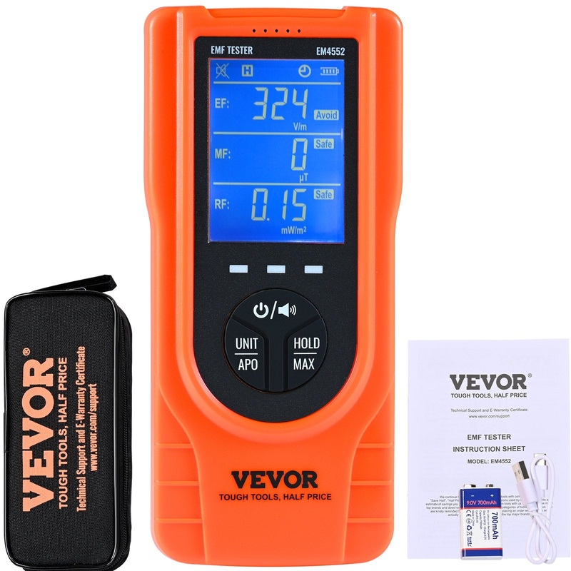 VEVOR 3-in-1 EMF Meter, 5Hz – 3.5GHz, Handheld Rechargeable Electromagnetic Field Radiation Detector, Digital LCD EMF Tester for EF MF RF Home Inspections Outdoor Ghost Hunting Paranormal Equipment