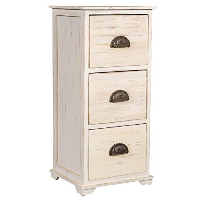 Biscottini Cassettiera camera da letto 35 x 32 x 74 cm in legno di Paulonia | Mobiletto bagno e cassettiera vintage Shabby Chic | Bianco anticato