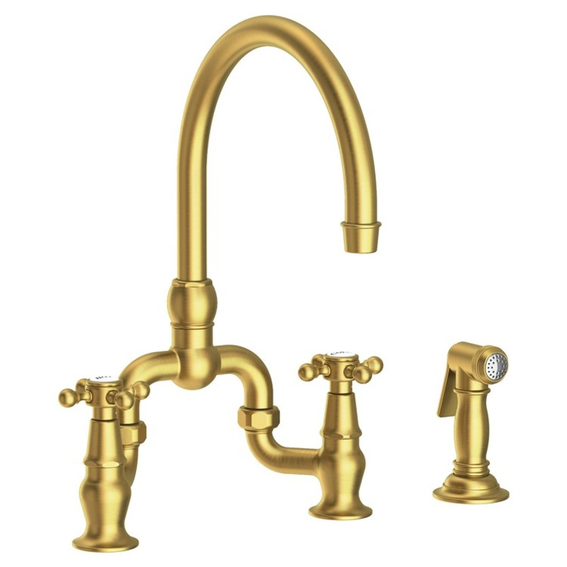 Kitchen Faucet Chesterfield Bridge 8 Inch Spread 2 Cross ADA Satin Brass PVD Pull Out Sidespray Spout Height 9 Inch Spout Reach 7-1/8 to 9 Inch 1.8 Gallons per Minute