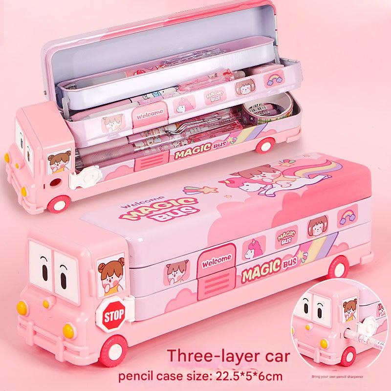 2-pcs Pink Fun School Bus Pencil Box with Built-in Sharpener – 3 Layer Large Capacity Stationery Box for Kids