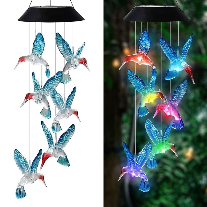 Blue Solar Powered Hummingbird Wind Chime(Without bell) – Color-Changing LED Hanging Garden Light Outdoor Decor