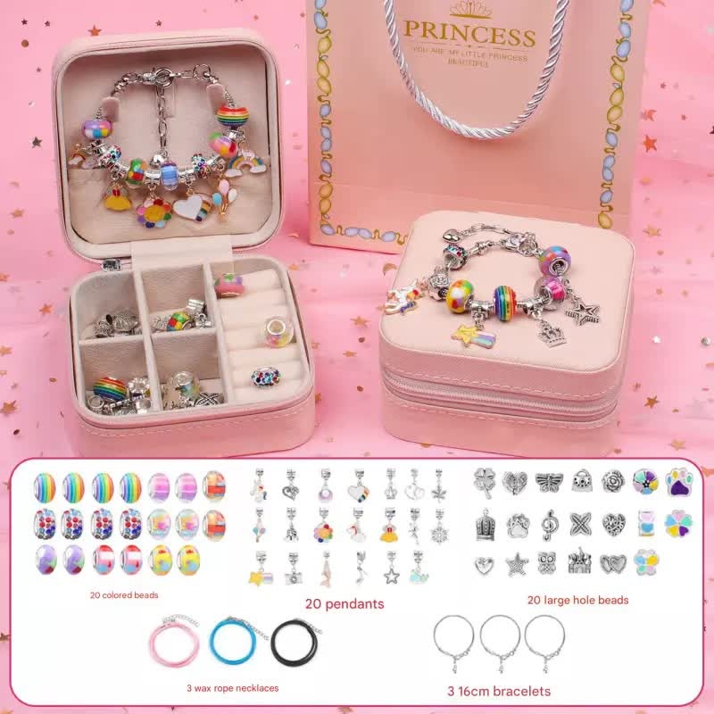 Pink Kids DIY Beaded Bracelet Set – Creative Jewelry Making Kit with Princess Gift Box and Display Stand